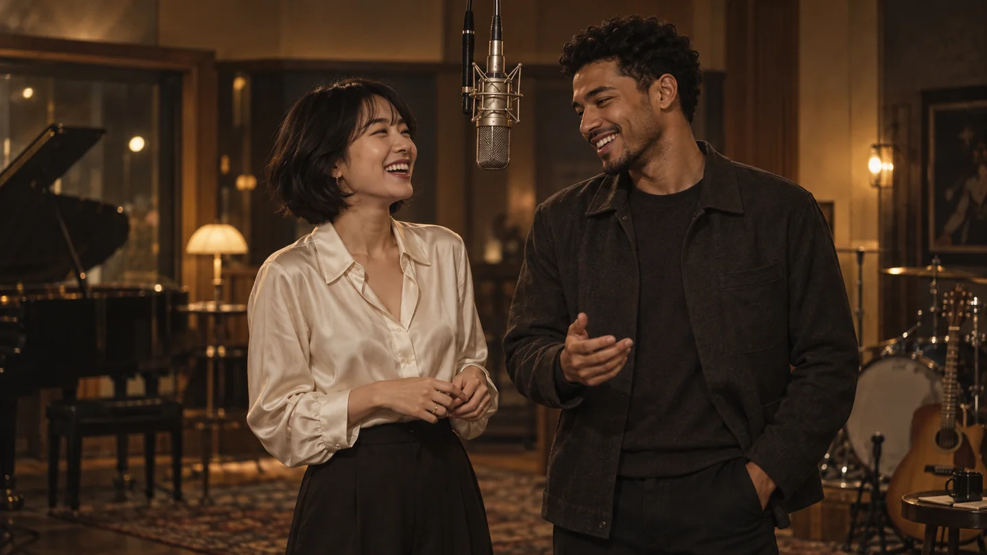 Illustrative still of two people in a warm recording studio